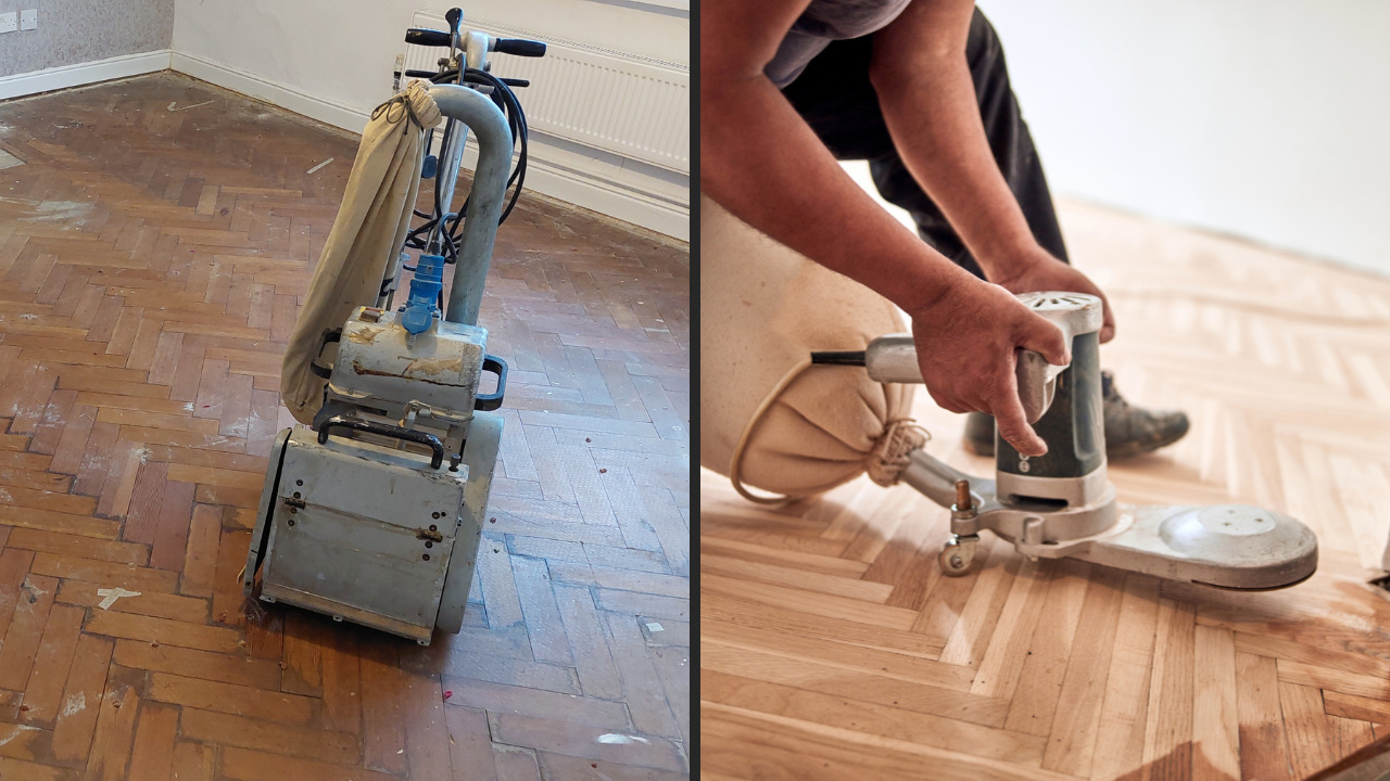 Side-by-side shots of professionals Restoring Classic Herringbone oak parquet flooring in Rainham—left shows a worn floor with a drum sander, right shows fine sanding on freshly brightened herringbone blocks.