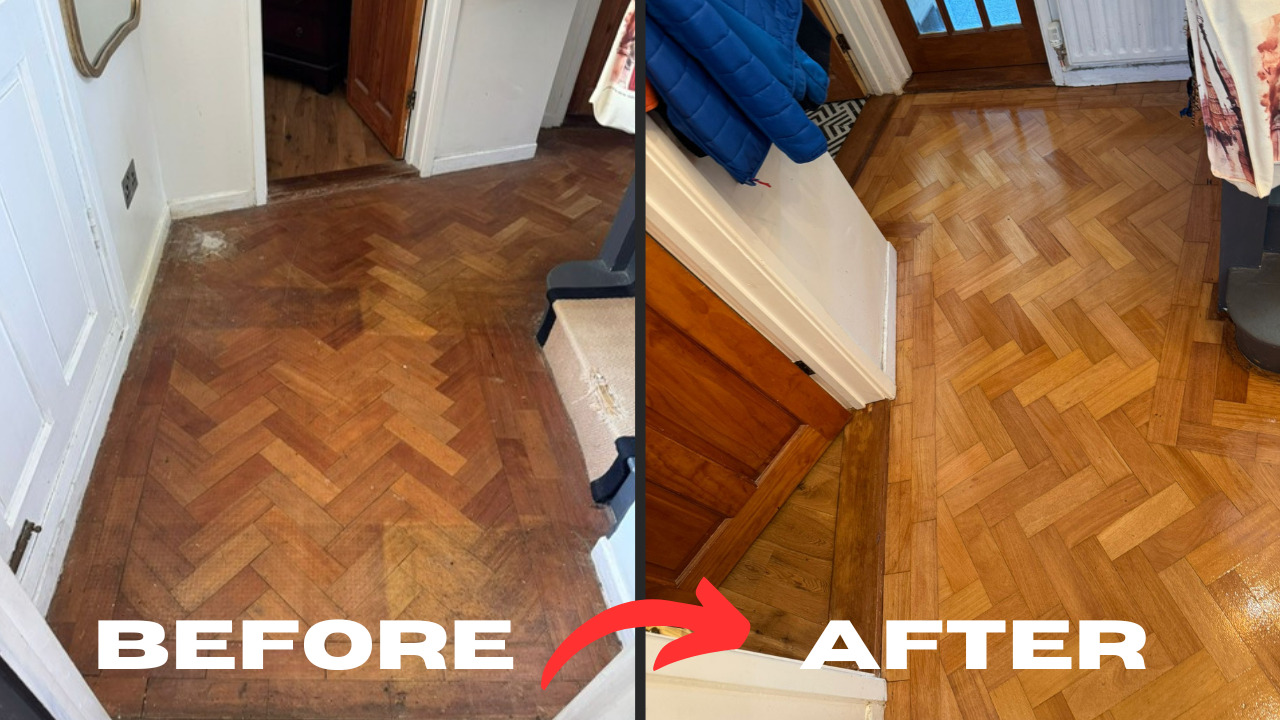 Before-and-after view of Restoring Classic Herringbone oak parquet flooring in a Rainham hallway, showing the transformation from worn, dull blocks to a freshly sanded and lacquered herringbone finish.
