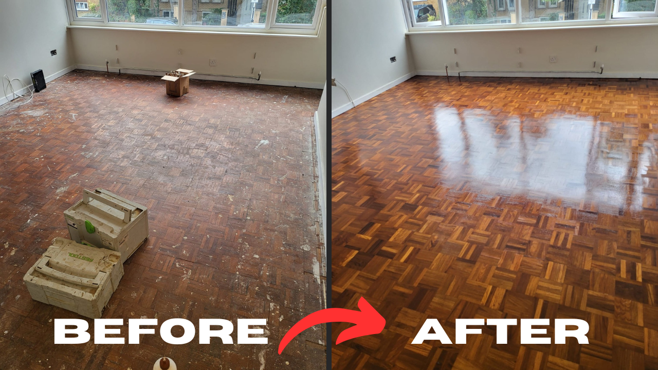 Wood Floor Sanding in Rainham before and after on an oak parquet wood floor, showing a transformation from scratched, dull blocks to a smooth, glossy finish.
