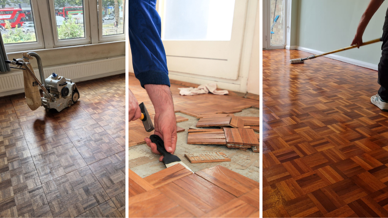 Wood Floor Sanding in Rainham on an oak finger-block parquet floor, showing sanding, block repair and fresh finishing for a full restoration.