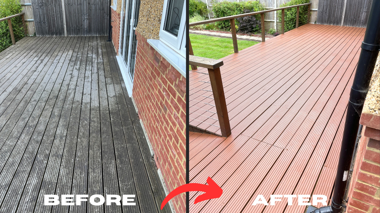 Deck Sanding in Rainham – before and after of grooved softwood garden decking restored from grey, weathered boards to a rich, non-slip finish beside a brick house.