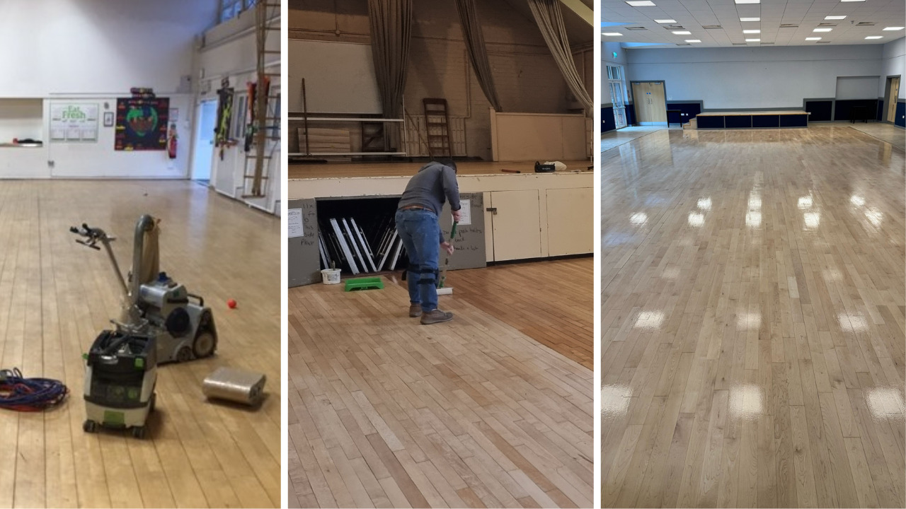 Commercial Floor Sanding in Rainham – maple strip hardwood hall floor transformation from sanding and sealing to a smooth, durable commercial finish (process to final result).