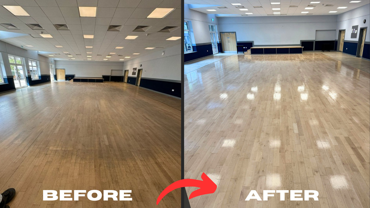 Commercial Floor Sanding in Rainham – oak hardwood hall floor before and after restoration, showing a brighter, tougher commercial finish for busy spaces.
