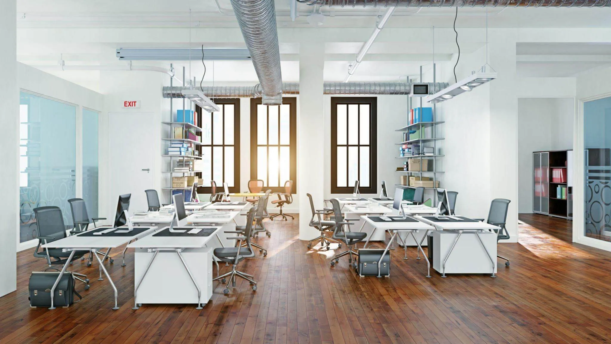 Commercial Floor Sanding in Rainham – open-plan office with restored pine hardwood floorboards, creating a smart, durable surface for busy commercial workspaces.