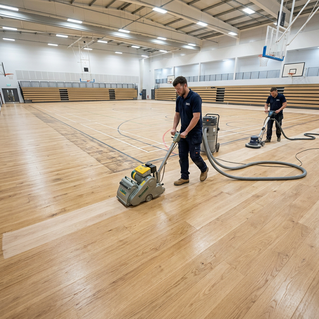 Wide-angle shot of professional tradesmen sanding an oak sports hall floor with dust-free machinery