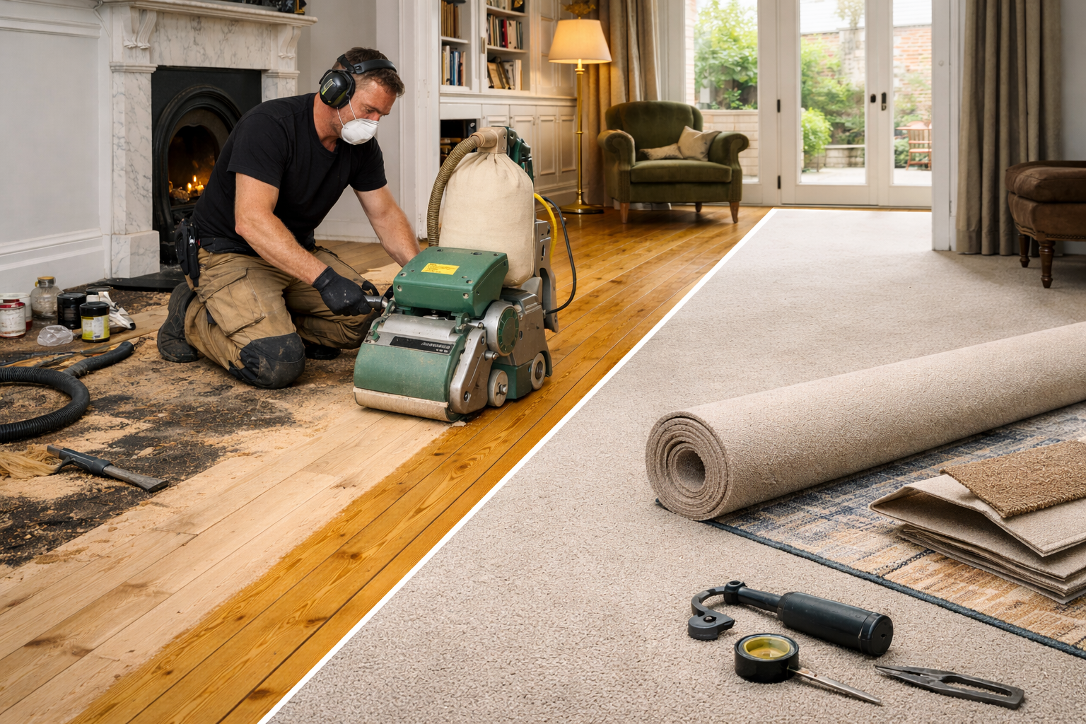 Floor Sanding vs Carpet Replacement Comparison in British Home Comparison of professional floor sanding with a belt sanding machine and carpet replacement in a UK living room