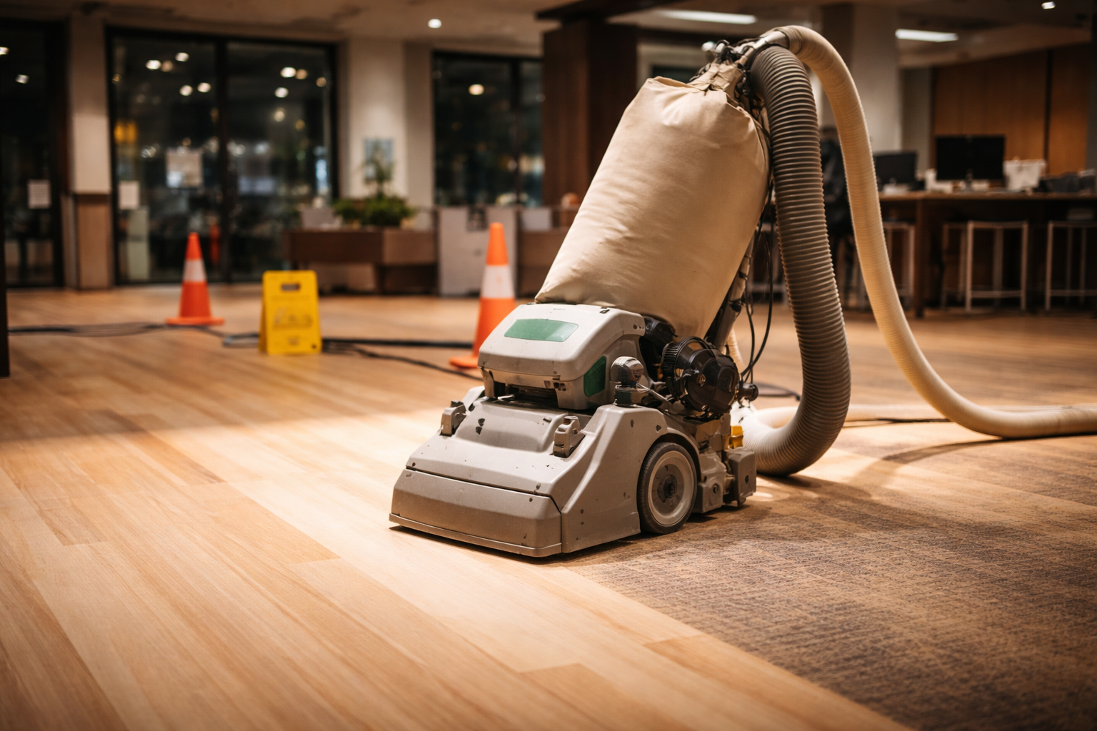 Overnight Floor Sanding in Rainham Office Interior Professional overnight floor sanding in a modern Rainham office space with dust-controlled sanding machine restoring timber flooring after business hours