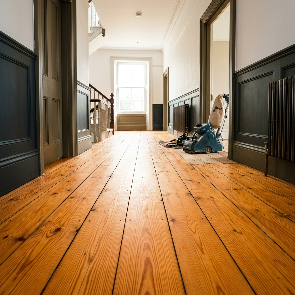 Professional restoration of Victorian pine floorboards in a UK hallway