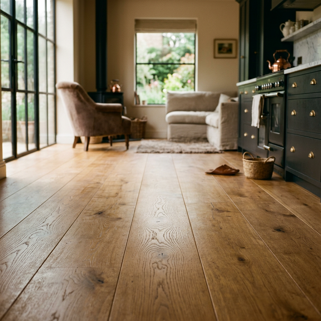 Close-up of a perfectly finished engineered oak floor in a modern British kitchen