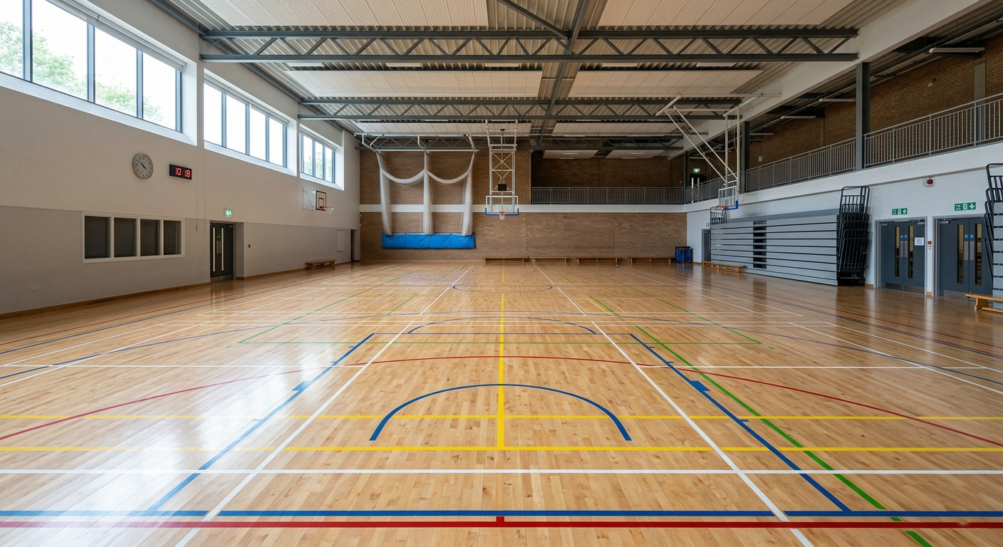 A wide-angle view of a large, brightly lit school sports hall in Rainham featuring a fully restored wood floor with multi-coloured line markings for basketball and netball.