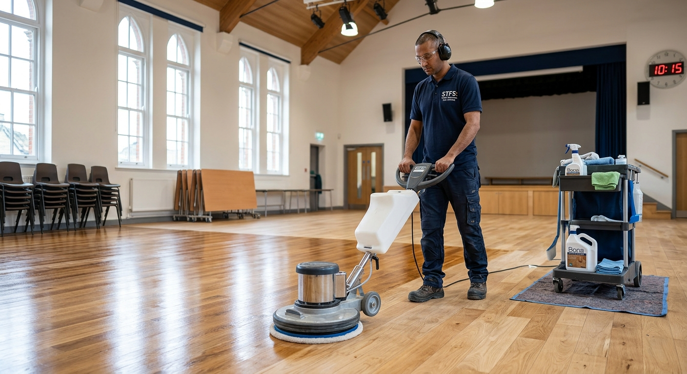 Professional School Floor Polishing in Rainham RM13 A specialist contractor performing school floor restoration in Rainham RM13 using a professional floor polisher in a large school assembly hall.