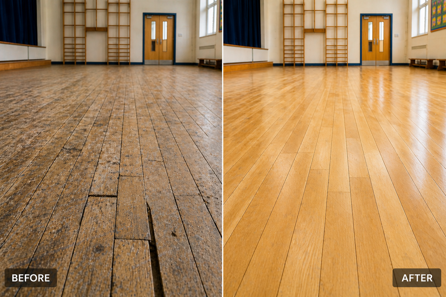 Side-by-side comparison of a worn, damaged school wood floor versus a fully restored and polished hardwood floor in Rainham RM13.