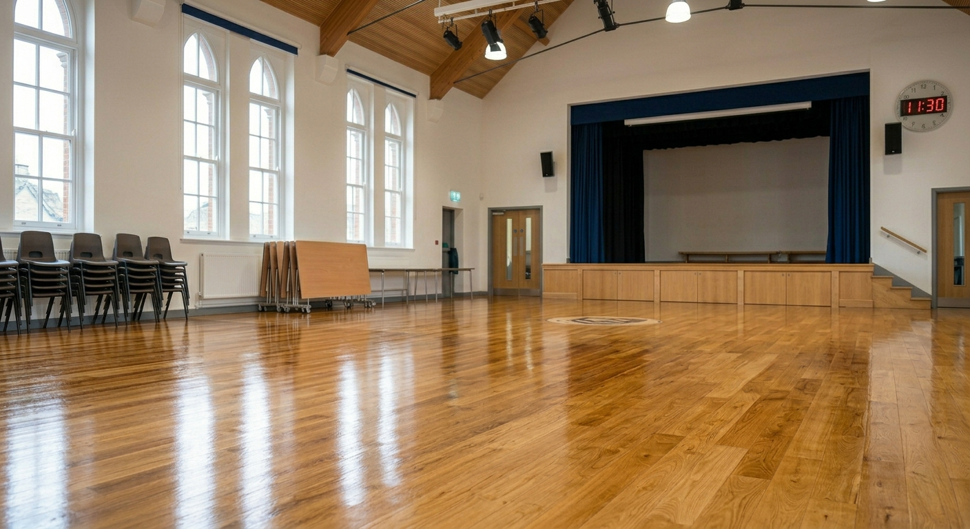 A wide view of a professionally restored and polished wooden school hall floor in Rainham RM13, showing high-gloss durable floor finishes.