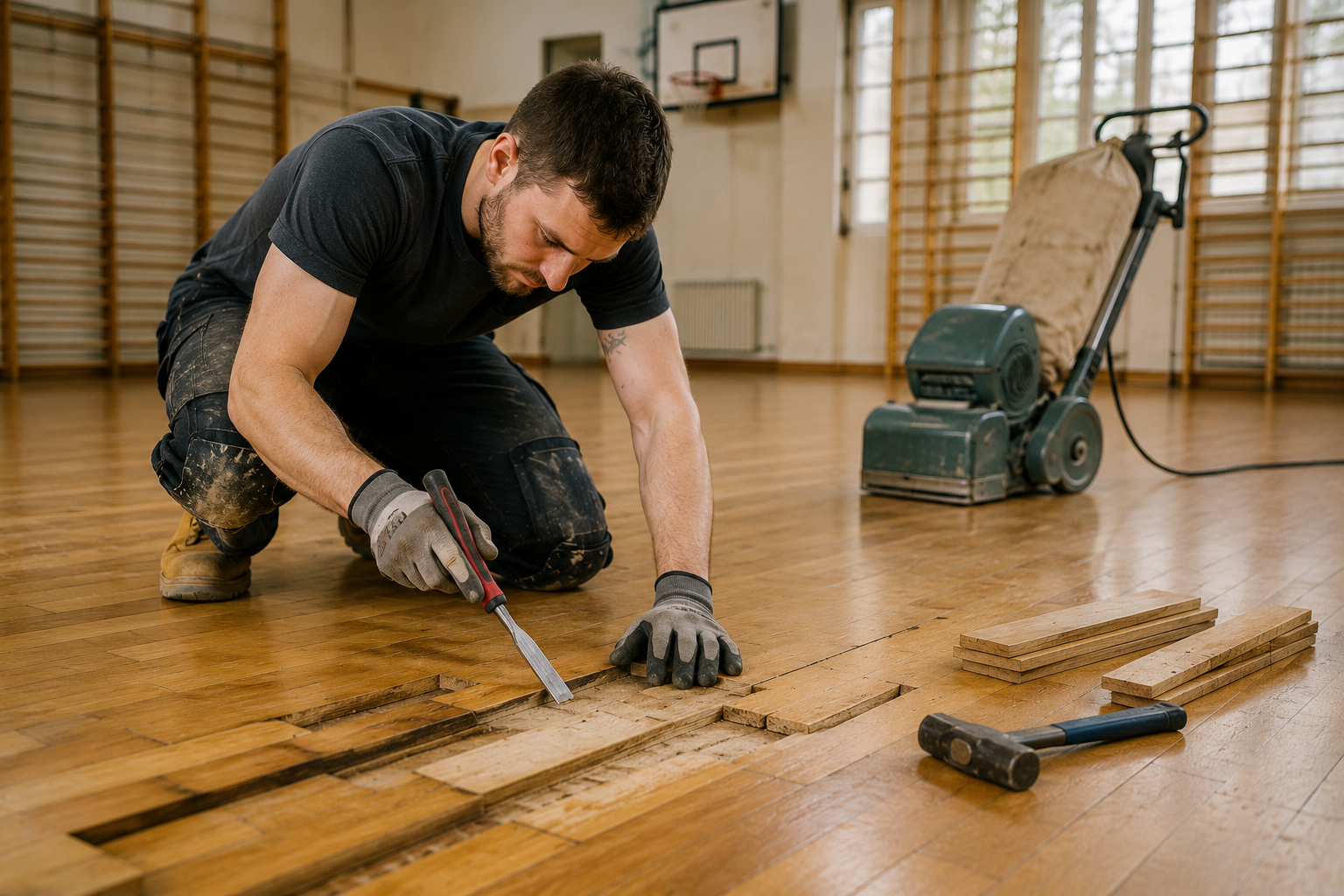 Professional School Floor Sanding Contractor in Rainham RM13 A flooring specialist repairing a school wood floor in Rainham RM13 using a chisel and hammer, with a Lägler Hummel floor sander in the background.