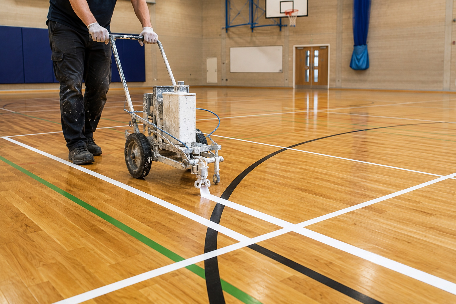 Professional Sports Hall Line Marking in Rainham A specialist technician using a precision line marking machine to apply crisp white court boundaries on a polished wooden sports hall floor in Rainham RM13.