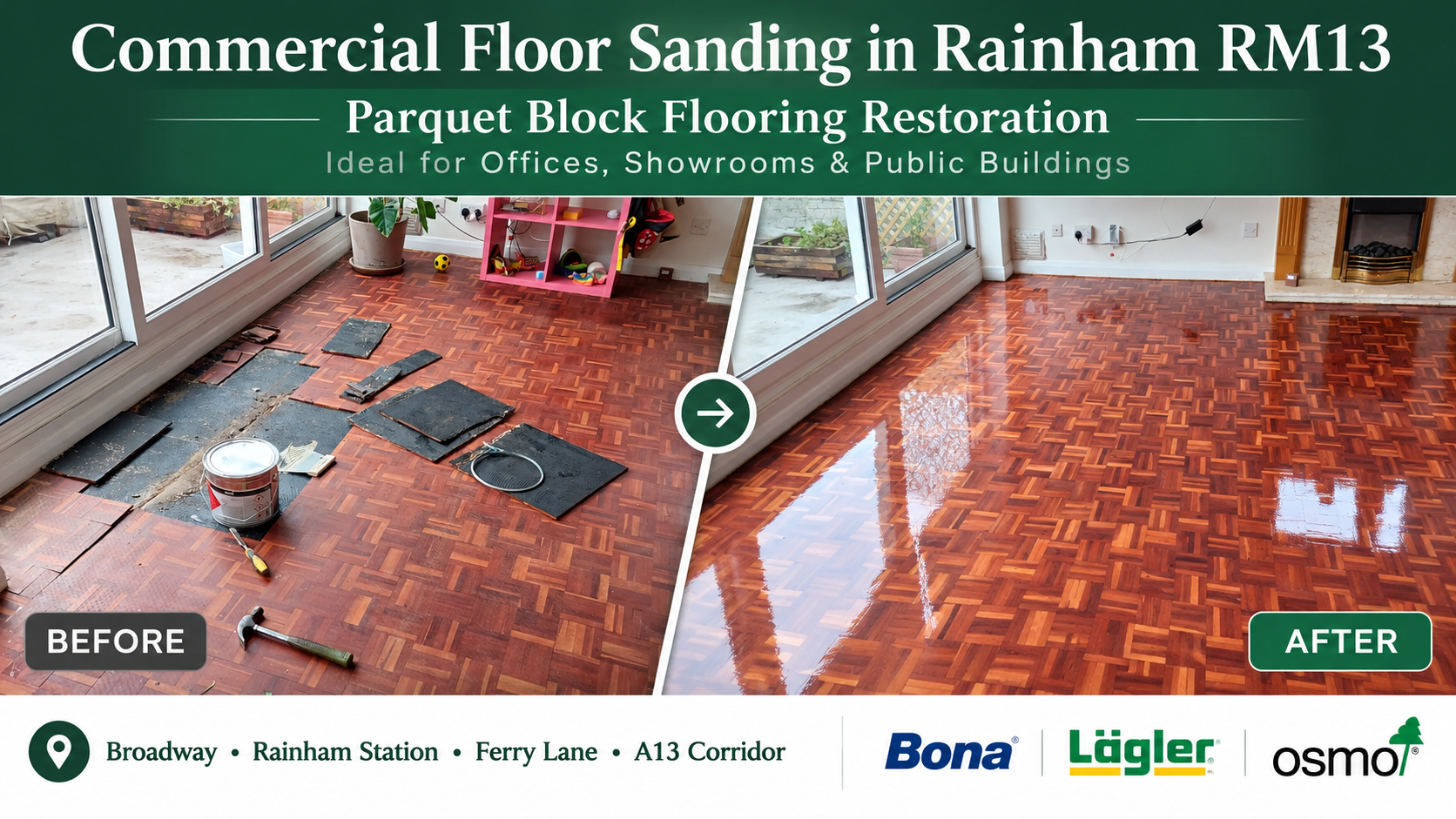 Before and after parquet floor restoration showing damaged wooden blocks repaired and refinished to a glossy finish, promoting commercial floor sanding services in Rainham RM13.